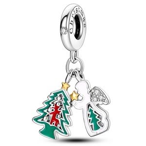Christmas Tree Angel Charm, S925 Silver Stamped Dangle Charm, Christmas Jewelry
